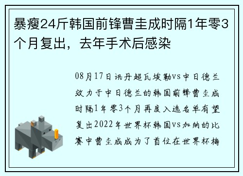 暴瘦24斤韩国前锋曹圭成时隔1年零3个月复出，去年手术后感染